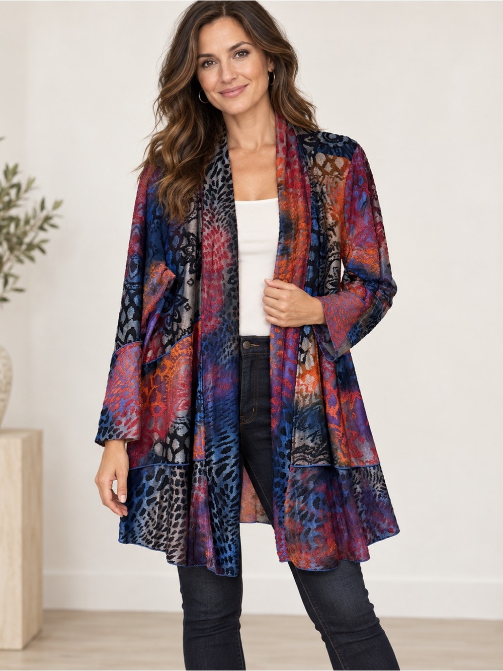 Ali Miles Multicolor Patchwork Open Front Long Cardigan Jacket Size L
